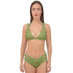 Juicy Slices Of Watermelon On A Green Background Double Strap Halter Bikini Set by SychEva