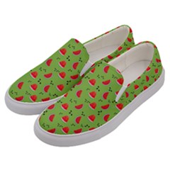 Juicy Slices Of Watermelon On A Green Background Men s Canvas Slip Ons by SychEva