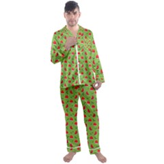 Juicy Slices Of Watermelon On A Green Background Men s Long Sleeve Satin Pajamas Set by SychEva