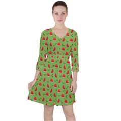 Juicy Slices Of Watermelon On A Green Background Quarter Sleeve Ruffle Waist Dress by SychEva