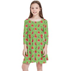 Juicy Slices Of Watermelon On A Green Background Kids  Quarter Sleeve Skater Dress by SychEva