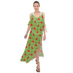 Juicy Slices Of Watermelon On A Green Background Maxi Chiffon Cover Up Dress by SychEva