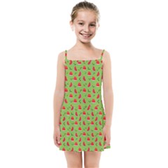 Juicy Slices Of Watermelon On A Green Background Kids  Summer Sun Dress by SychEva