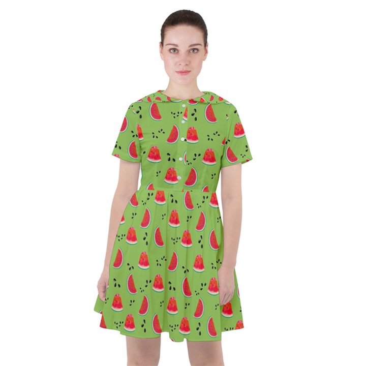 Juicy Slices Of Watermelon On A Green Background Sailor Dress