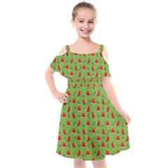 Juicy Slices Of Watermelon On A Green Background Kids  Cut Out Shoulders Chiffon Dress by SychEva