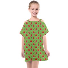 Juicy Slices Of Watermelon On A Green Background Kids  One Piece Chiffon Dress by SychEva