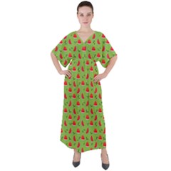 Juicy Slices Of Watermelon On A Green Background V-neck Boho Style Maxi Dress by SychEva