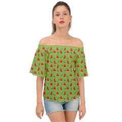 Juicy Slices Of Watermelon On A Green Background Off Shoulder Short Sleeve Top by SychEva