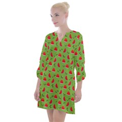 Juicy Slices Of Watermelon On A Green Background Open Neck Shift Dress