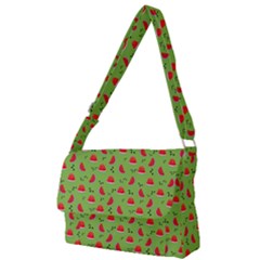 Juicy Slices Of Watermelon On A Green Background Full Print Messenger Bag (l) by SychEva