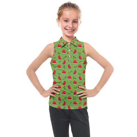 Juicy Slices Of Watermelon On A Green Background Kids  Sleeveless Polo Tee by SychEva