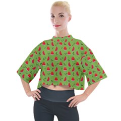 Juicy Slices Of Watermelon On A Green Background Mock Neck Tee by SychEva