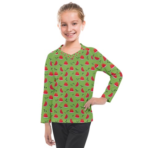 Juicy Slices Of Watermelon On A Green Background Kids  Long Mesh Tee by SychEva