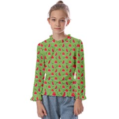 Juicy Slices Of Watermelon On A Green Background Kids  Frill Detail Tee