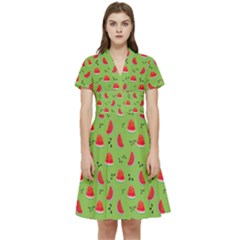 Juicy Slices Of Watermelon On A Green Background Short Sleeve Waist Detail Dress by SychEva