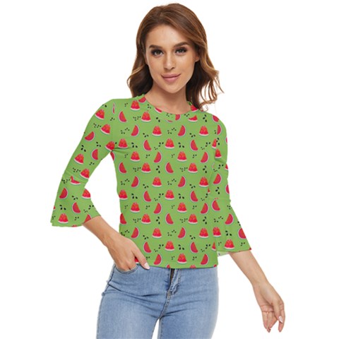 Juicy Slices Of Watermelon On A Green Background Bell Sleeve Top by SychEva