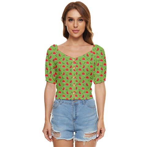 Juicy Slices Of Watermelon On A Green Background Button Up Blouse by SychEva