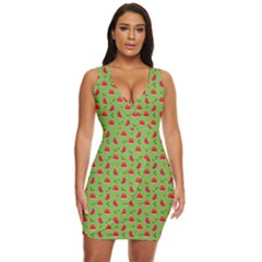 Juicy Slices Of Watermelon On A Green Background Draped Bodycon Dress by SychEva