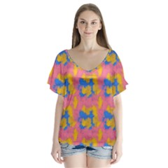 Abstract Painting V-neck Flutter Sleeve Top by SychEva