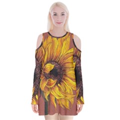 Sunflower Velvet Long Sleeve Shoulder Cutout Dress by Sparkle