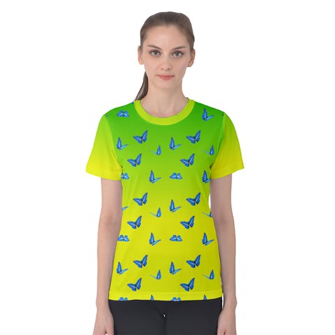 Blue Butterflies At Yellow And Green, Two Color Tone Gradient Women s Cotton Tee by Casemiro