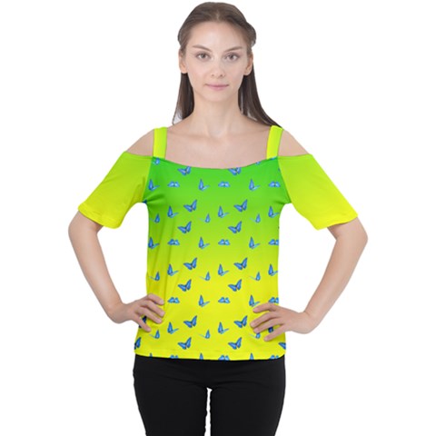 Blue Butterflies At Yellow And Green, Two Color Tone Gradient Cutout Shoulder Tee by Casemiro