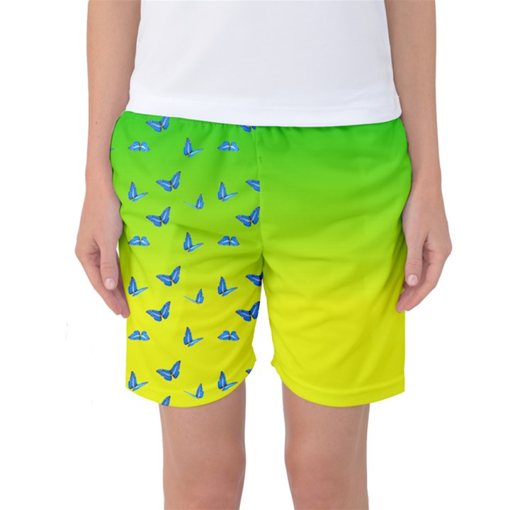 Blue Butterflies at yellow and green, two color tone gradient Women s Basketball Shorts