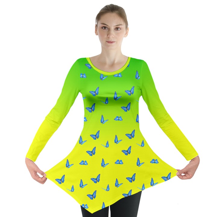 Blue Butterflies at yellow and green, two color tone gradient Long Sleeve Tunic 