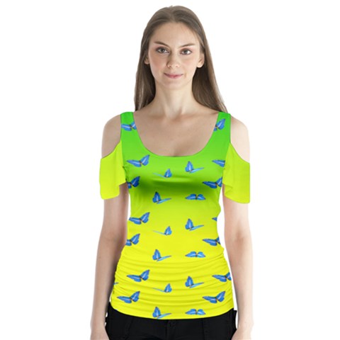 Blue Butterflies At Yellow And Green, Two Color Tone Gradient Butterfly Sleeve Cutout Tee  by Casemiro