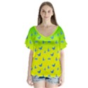 Blue Butterflies at yellow and green, two color tone gradient V-Neck Flutter Sleeve Top View1