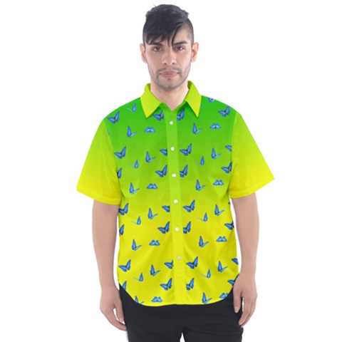 Blue Butterflies At Yellow And Green, Two Color Tone Gradient Men s Short Sleeve Shirt by Casemiro