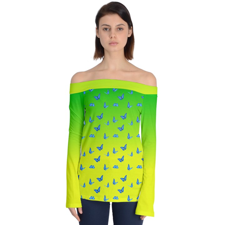 Blue Butterflies at yellow and green, two color tone gradient Off Shoulder Long Sleeve Top