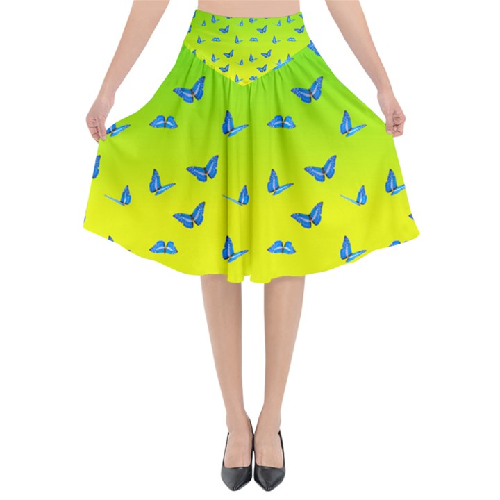 Blue Butterflies at yellow and green, two color tone gradient Flared Midi Skirt