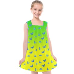 Blue Butterflies At Yellow And Green, Two Color Tone Gradient Kids  Cross Back Dress