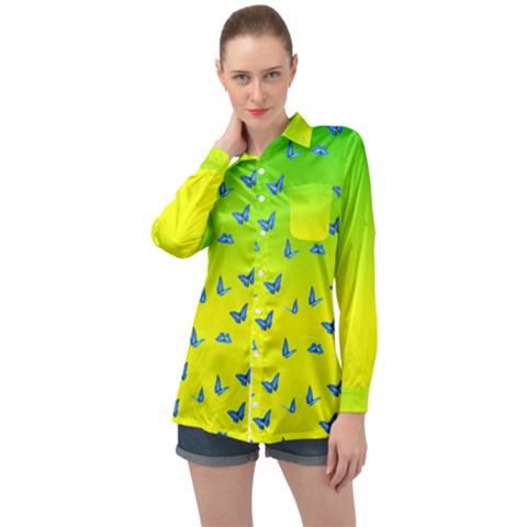 Blue Butterflies At Yellow And Green, Two Color Tone Gradient Long Sleeve Satin Shirt by Casemiro