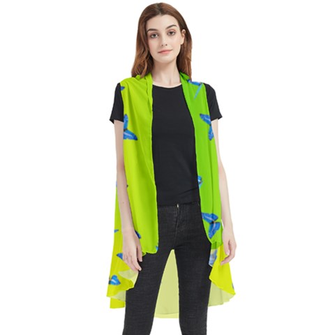 Blue Butterflies At Yellow And Green, Two Color Tone Gradient Sleeveless Chiffon Waistcoat Shirt by Casemiro