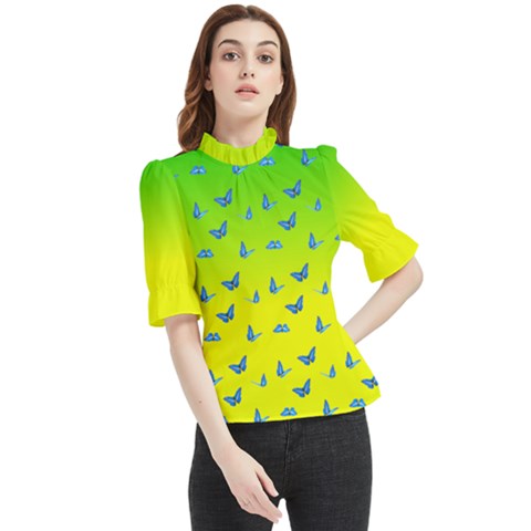 Blue Butterflies At Yellow And Green, Two Color Tone Gradient Frill Neck Blouse by Casemiro