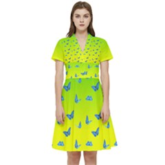 Blue Butterflies At Yellow And Green, Two Color Tone Gradient Short Sleeve Waist Detail Dress by Casemiro