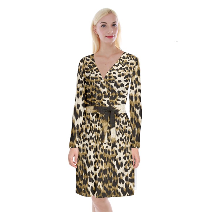 Leopard-print 2 Long Sleeve Velvet Front Wrap Dress