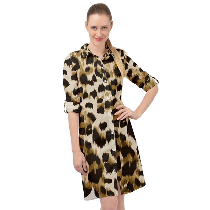 Leopard-print 2 Long Sleeve Mini Shirt Dress