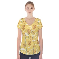 Folk Flowers Pattern  Short Sleeve Front Detail Top by Eskimos