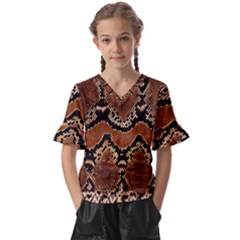 Leatherette Snake 3 Kids  V-neck Horn Sleeve Blouse by skindeep