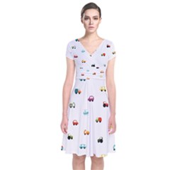 Cute Bright Little Cars Short Sleeve Front Wrap Dress by SychEva