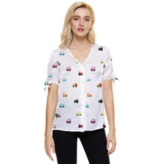 Cute Bright Little Cars Bow Sleeve Button Up Top