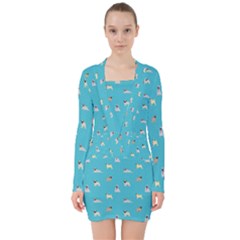 Funny Pugs V-neck Bodycon Long Sleeve Dress by SychEva