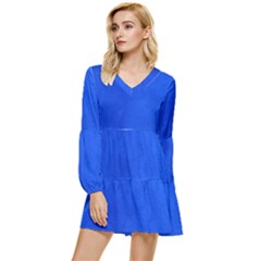 Leather Smooth 22 Blue Tiered Long Sleeve Mini Dress