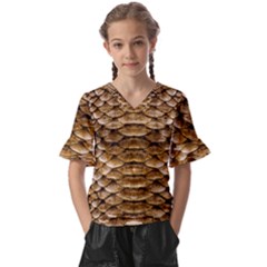 Reptile Skin Pattern 11 Kids  V-neck Horn Sleeve Blouse