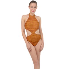 Leatherette 5 Brown Halter Side Cut Swimsuit by skindeep