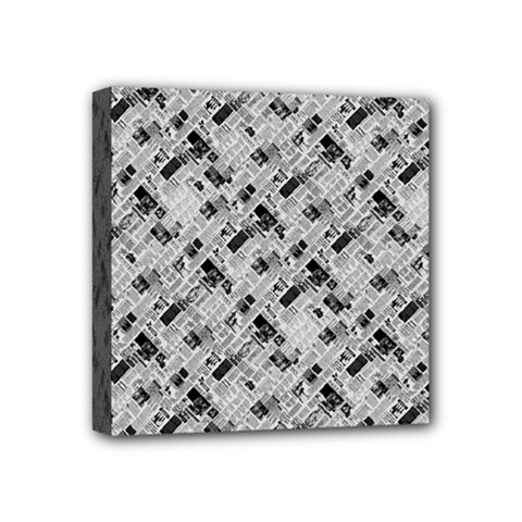 8 bit newspaper pattern, gazette collage black and white Mini Canvas 4  x 4  (Stretched)