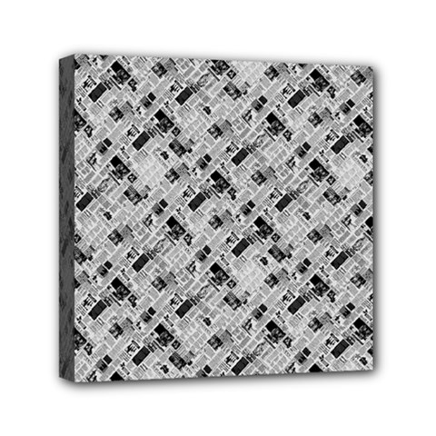 8 bit newspaper pattern, gazette collage black and white Mini Canvas 6  x 6  (Stretched)